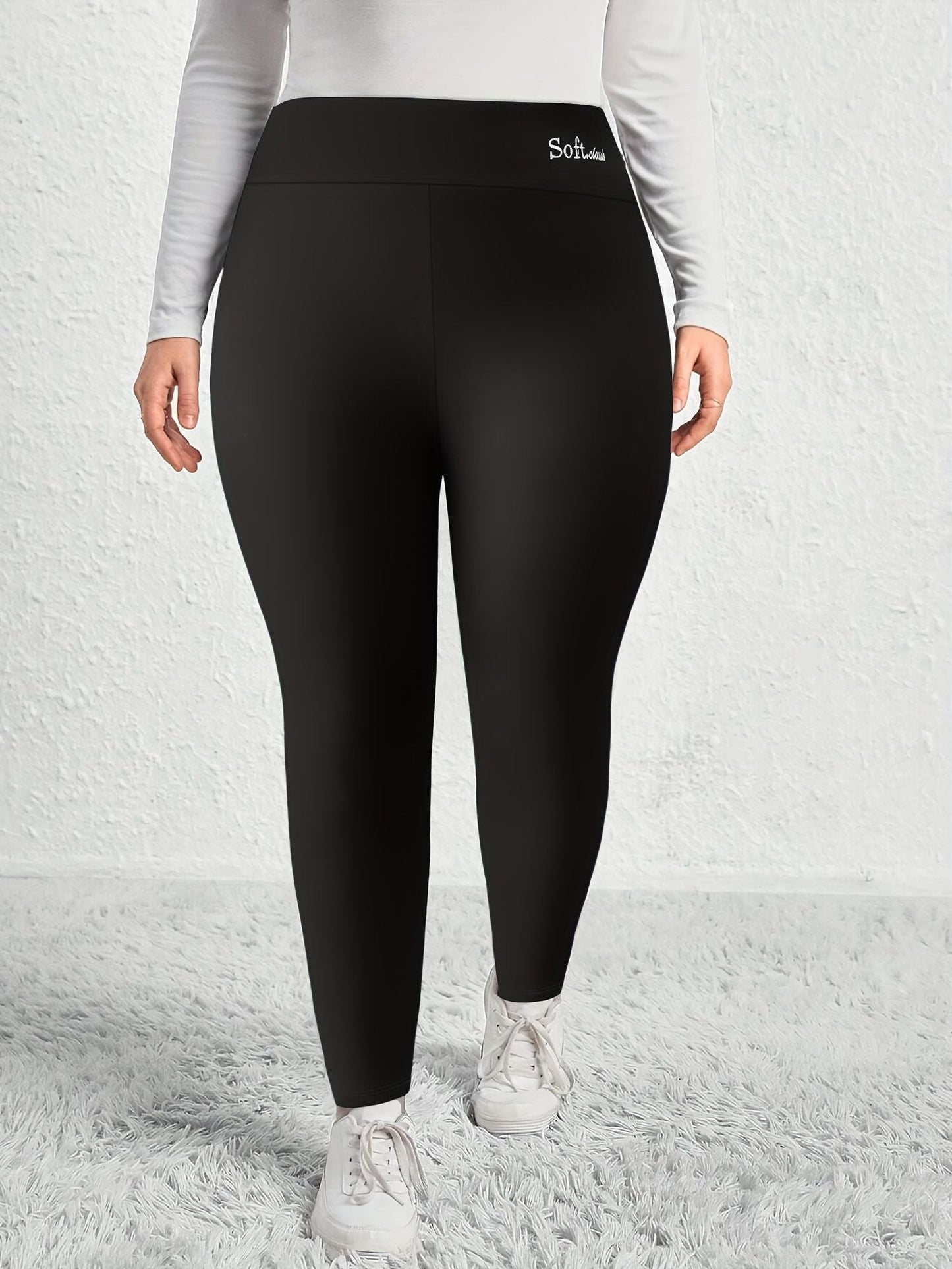 Plus Size Casual Leggings, Women's Plus Letter Print Liner Fleece High Rise Slight Stretch Leggings