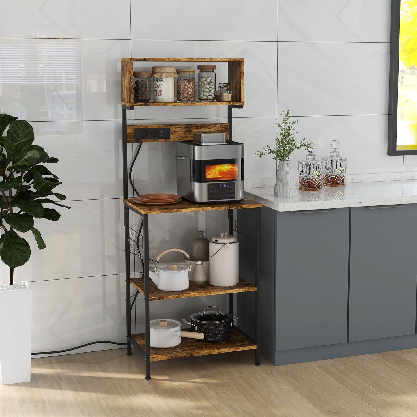 HOMCOM Baker's Rack with Power Outlet, USB Charging, Microwave Stand, Coffee Bar & Adjustable Shelves