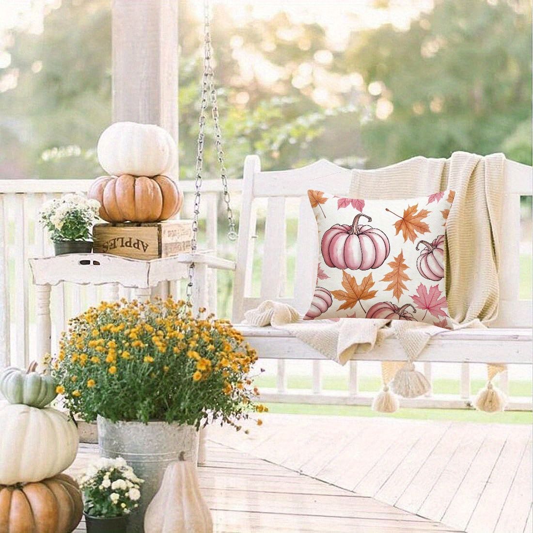 4 Pack Fall Pillow Covers Pink 18x18in Farmhouse Pumpkin Maple Leaf Cushion Case Autumn Sofa Couch Decor for Autumn Thanksgiving Harvest Decorations