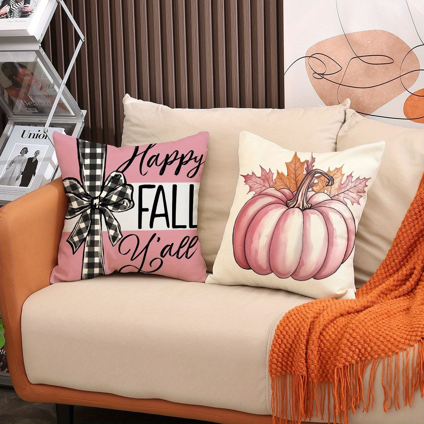 4 Pack Fall Pillow Covers Pink 18x18in Farmhouse Pumpkin Maple Leaf Cushion Case Autumn Sofa Couch Decor for Autumn Thanksgiving Harvest Decorations