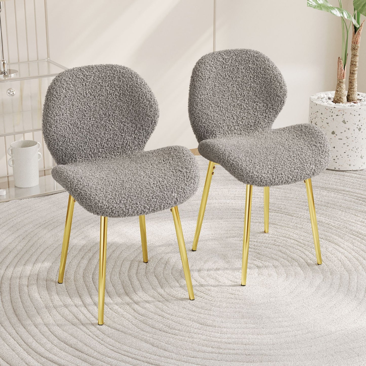 Modern minimalist white teddy velvet Dining Chairs Set of 2 with sturdy gold metal legs and comfortable backrest design, suitable for restaurants, kitchens, and offices.
