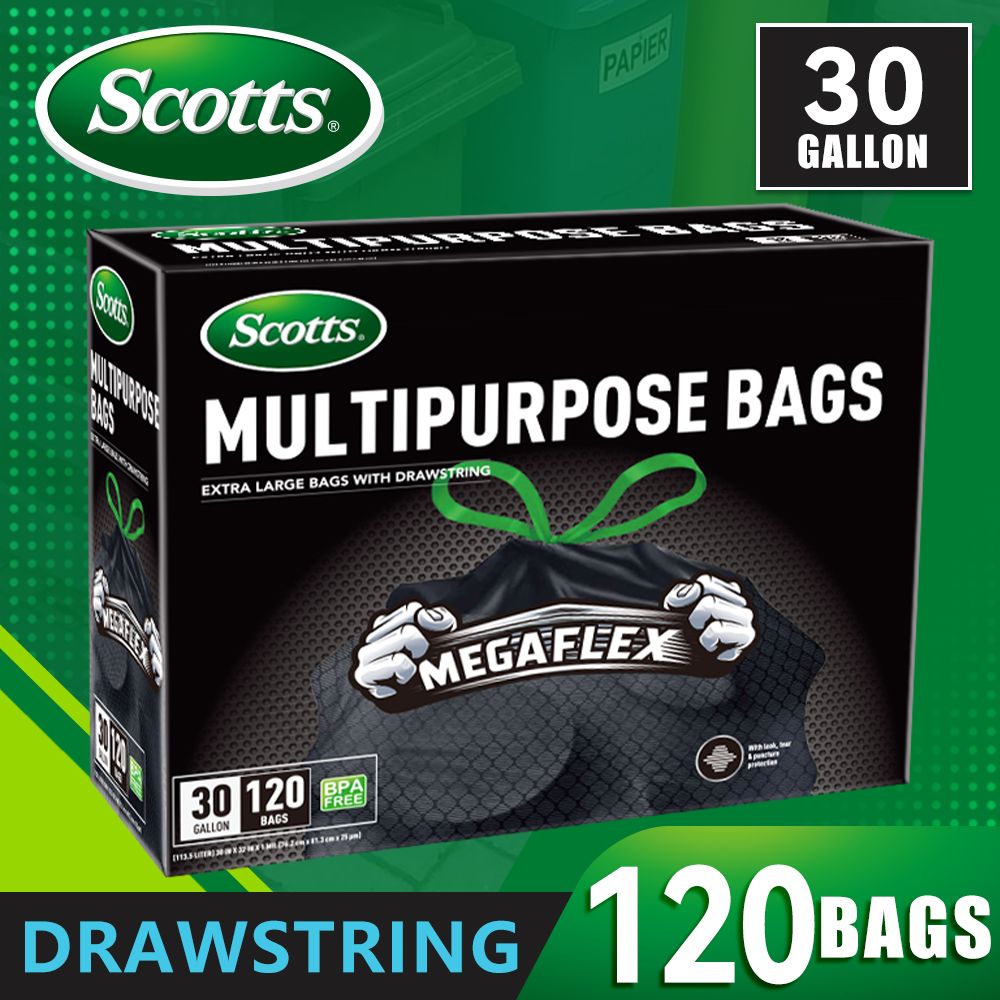 Scotts 120 Bags 30 Gallon Box Disposable Non-Rip Black Large Drawstring Garbage Bags, Suitable for Large Kitchen Garbage Cans, Super Strong 113.5L , Garden, Home, Commercial Multi-purpose Trash Bag