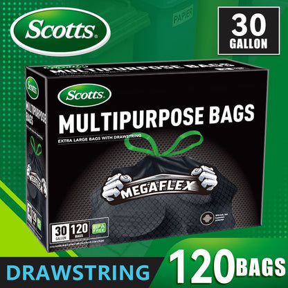 Scotts 120 Bags 30 Gallon Box Disposable Non-Rip Black Large Drawstring Garbage Bags, Suitable for Large Kitchen Garbage Cans, Super Strong 113.5L , Garden, Home, Commercial Multi-purpose Trash Bag