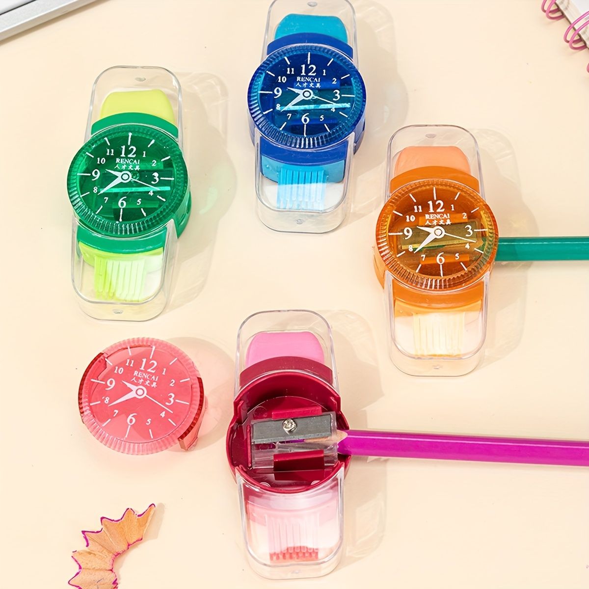 4pcs Creative Watch Shape Pencil Sharpener With Eraser Cleaning Brush 3 In 1 Multifunctional Student Stationery