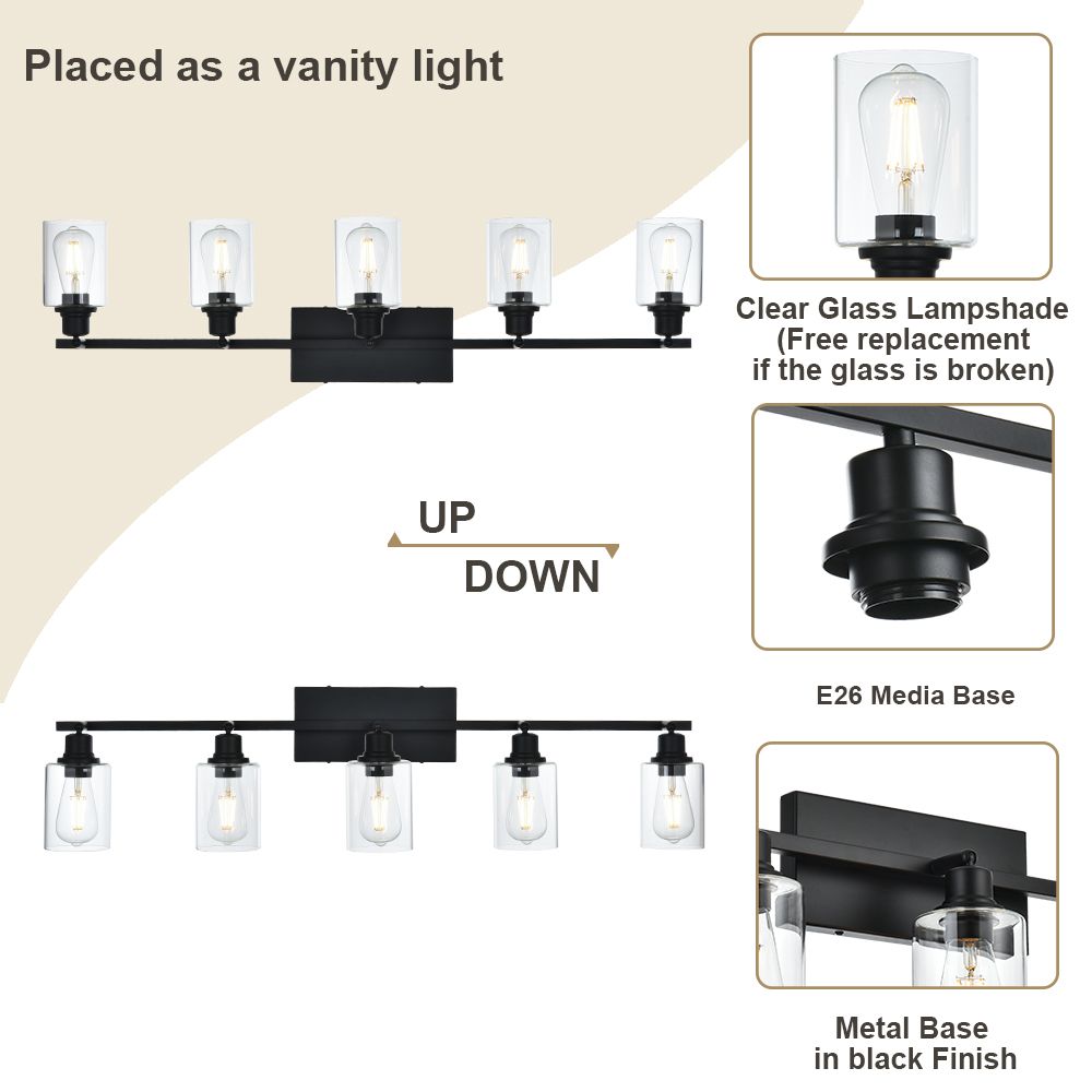 5-Light Vanity Light Bathroom Fixture with Clear Glass Shade Multi-Directional Rotating Metal Ceiling Spotlight Fixture with Adjustable Track Heads