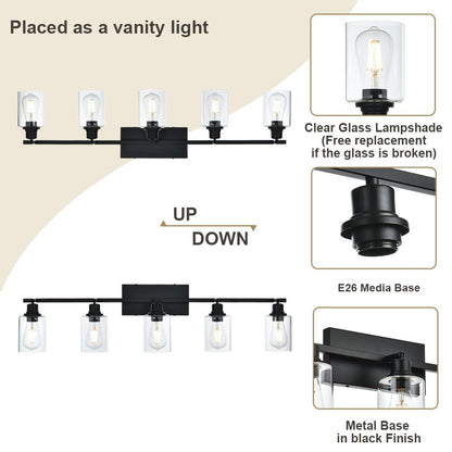 5-Light Vanity Light Bathroom Fixture with Clear Glass Shade Multi-Directional Rotating Metal Ceiling Spotlight Fixture with Adjustable Track Heads