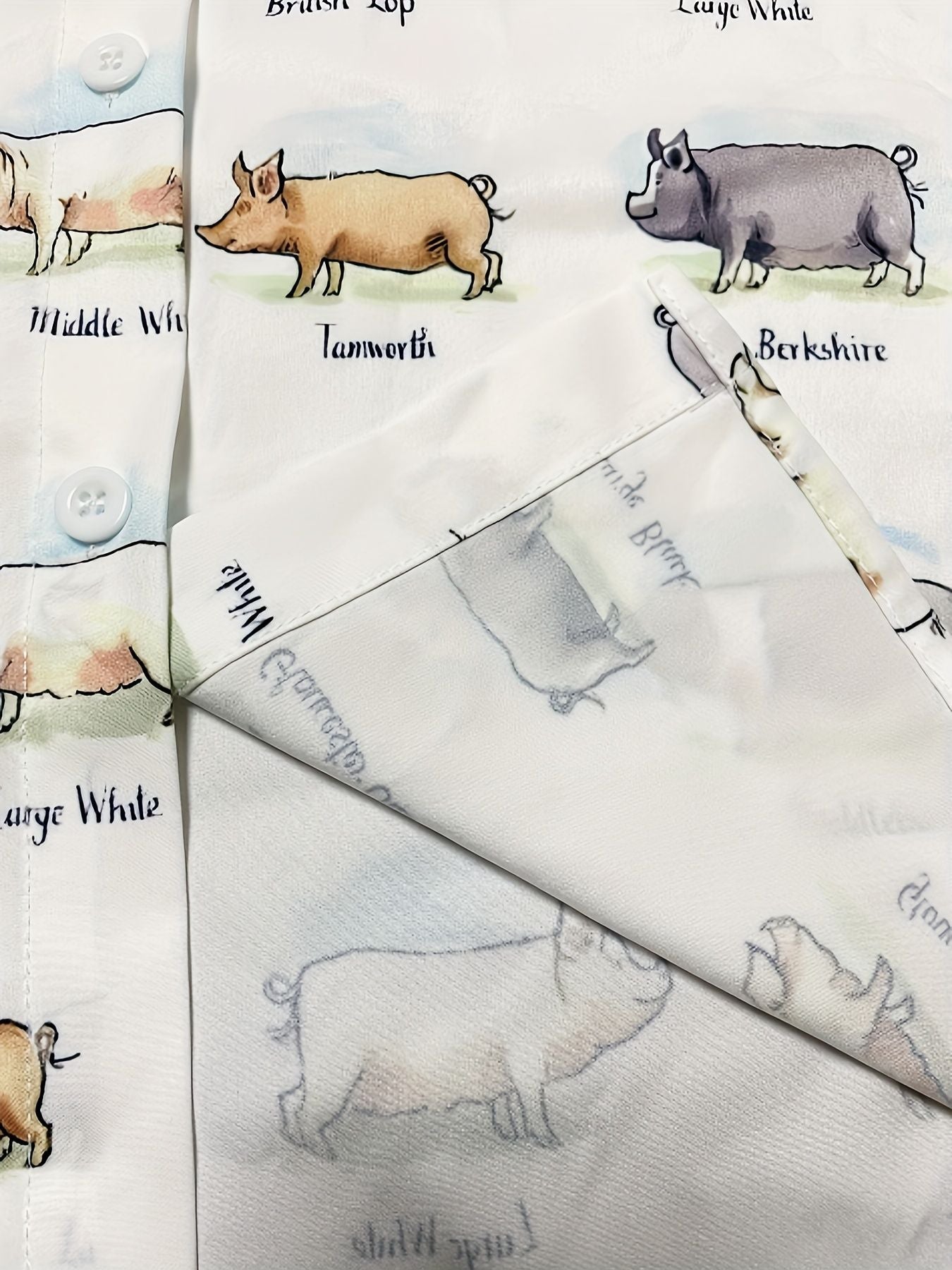 Plus Size Casual Blouse, Women's Plus Cute Pig & Letter Print Long Sleeve Button Up Lapel Collar Shirt Top