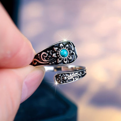Sunflower Ring with Turquoise Inlay-Handmade Wedding Band, Boho Chic Jewelry Gift for Women