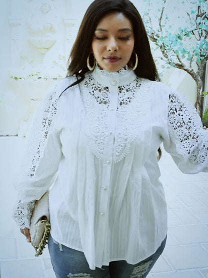 Plus Size Elegant Blouse, Women's Plus Solid Contrast Lace Lantern Sleeve Button Up Mock Neck Shirt Top