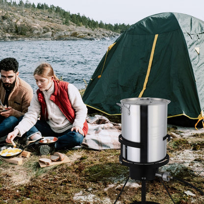 30QT Propane Turkey Fryer Set Silver Aluminum Pot with Black Round Iron Stand Outdoor Gas Deep Fryer Kit for Frying Turkey Seafood and Boiling Crawfish Backyard Cooking Equipment