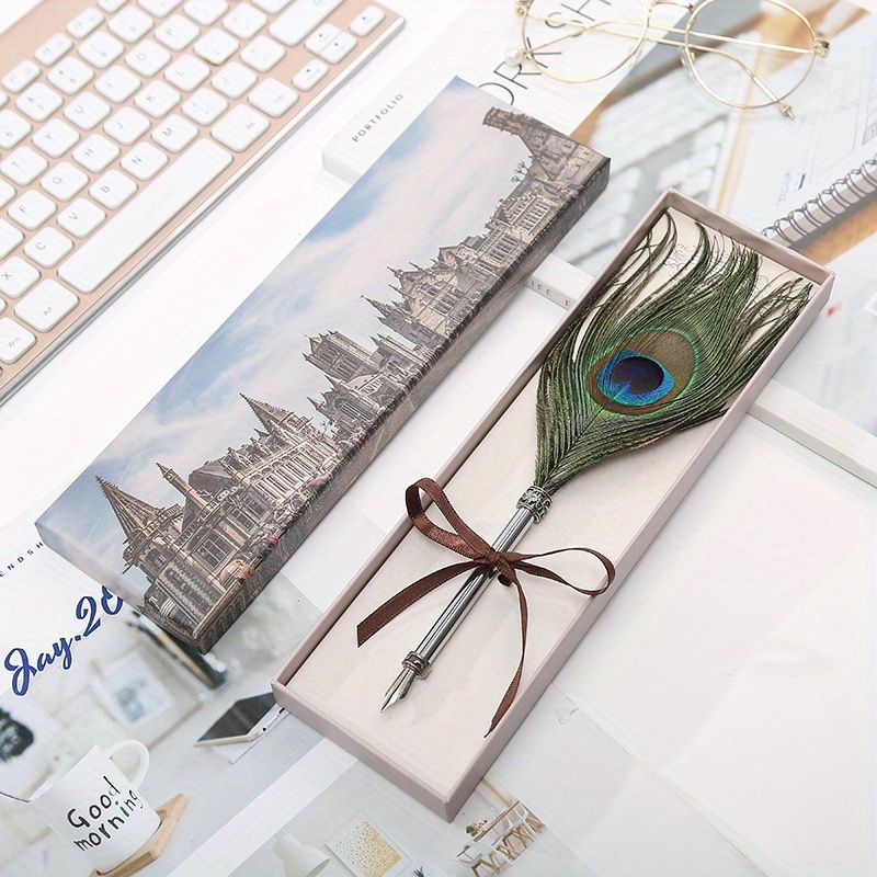 Peacock Feather Pen Dip Water Pen Feather Pen Adult Signature Pen Small Gift Box For Mom, Teacher And Classmates Holiday Gift
