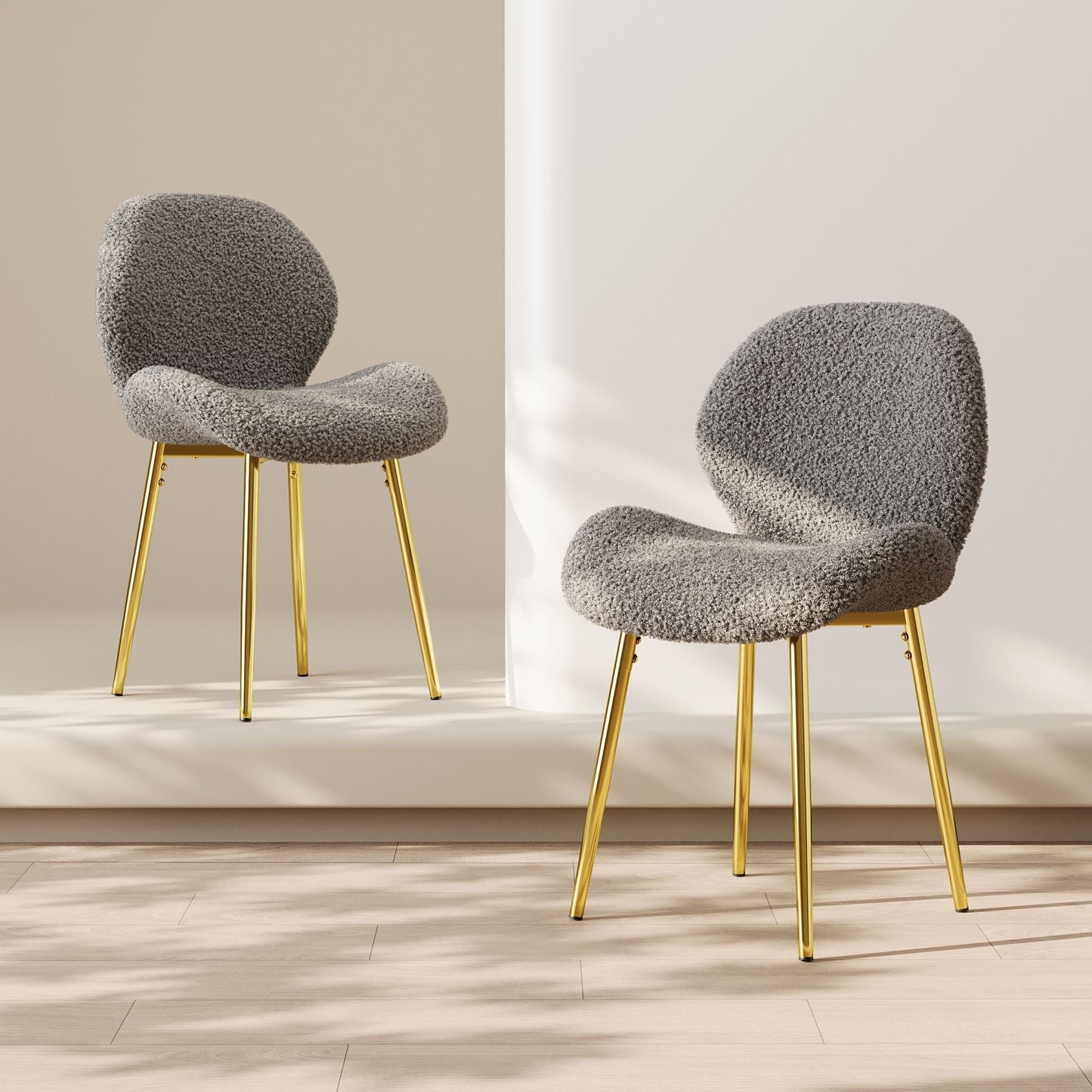 Modern minimalist white teddy velvet Dining Chairs Set of 2 with sturdy gold metal legs and comfortable backrest design, suitable for restaurants, kitchens, and offices.