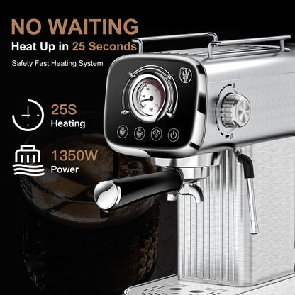 PlumChef Espresso Machine 20 Bar Professional Compact Household Coffee Espresso Maker with Milk Frother Steam Wand Temperature Gauge 34oz Water Tank Low Noise Coffee Machine for Latte Cappuccino