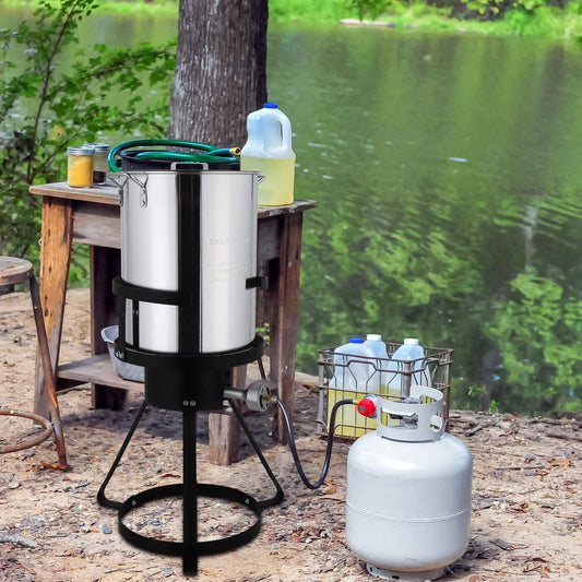 30QT Propane Turkey Fryer Set Silver Aluminum Pot with Black Round Iron Stand Outdoor Gas Deep Fryer Kit for Frying Turkey Seafood and Boiling Crawfish Backyard Cooking Equipment