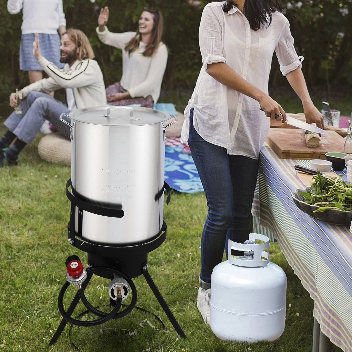 30QT Propane Turkey Fryer Set Silver Aluminum Pot with Black Round Iron Stand Outdoor Gas Deep Fryer Kit for Frying Turkey Seafood and Boiling Crawfish Backyard Cooking Equipment