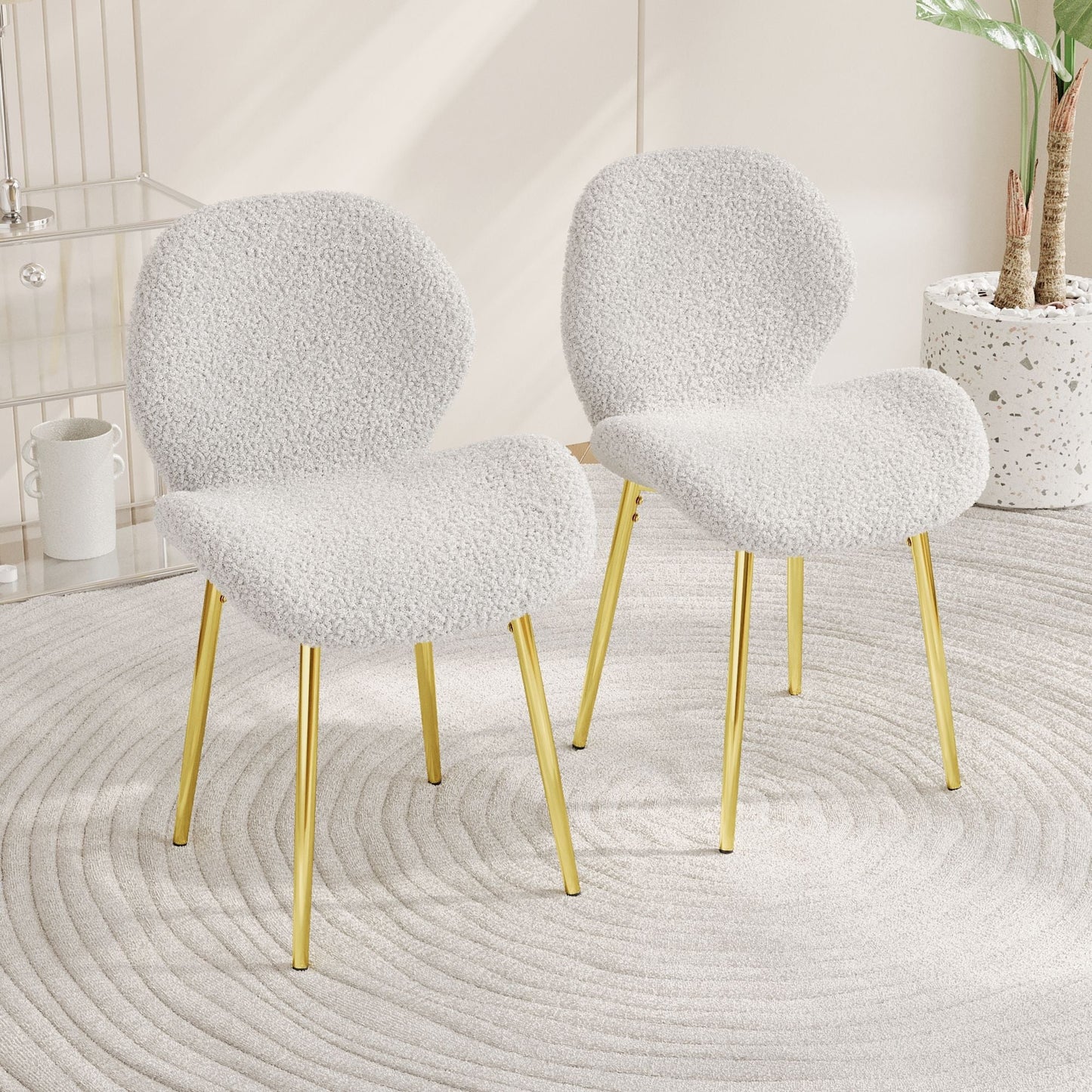Modern minimalist white teddy velvet Dining Chairs Set of 2 with sturdy gold metal legs and comfortable backrest design, suitable for restaurants, kitchens, and offices.