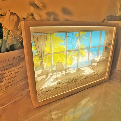 1pc Dimming 3-color Beach Sun Painting Lamp,Sketch Light. Healing Light, Bedside Bedroom Sleeping Lamp, Romantic Birthday Gift,Bedside Table Lamp