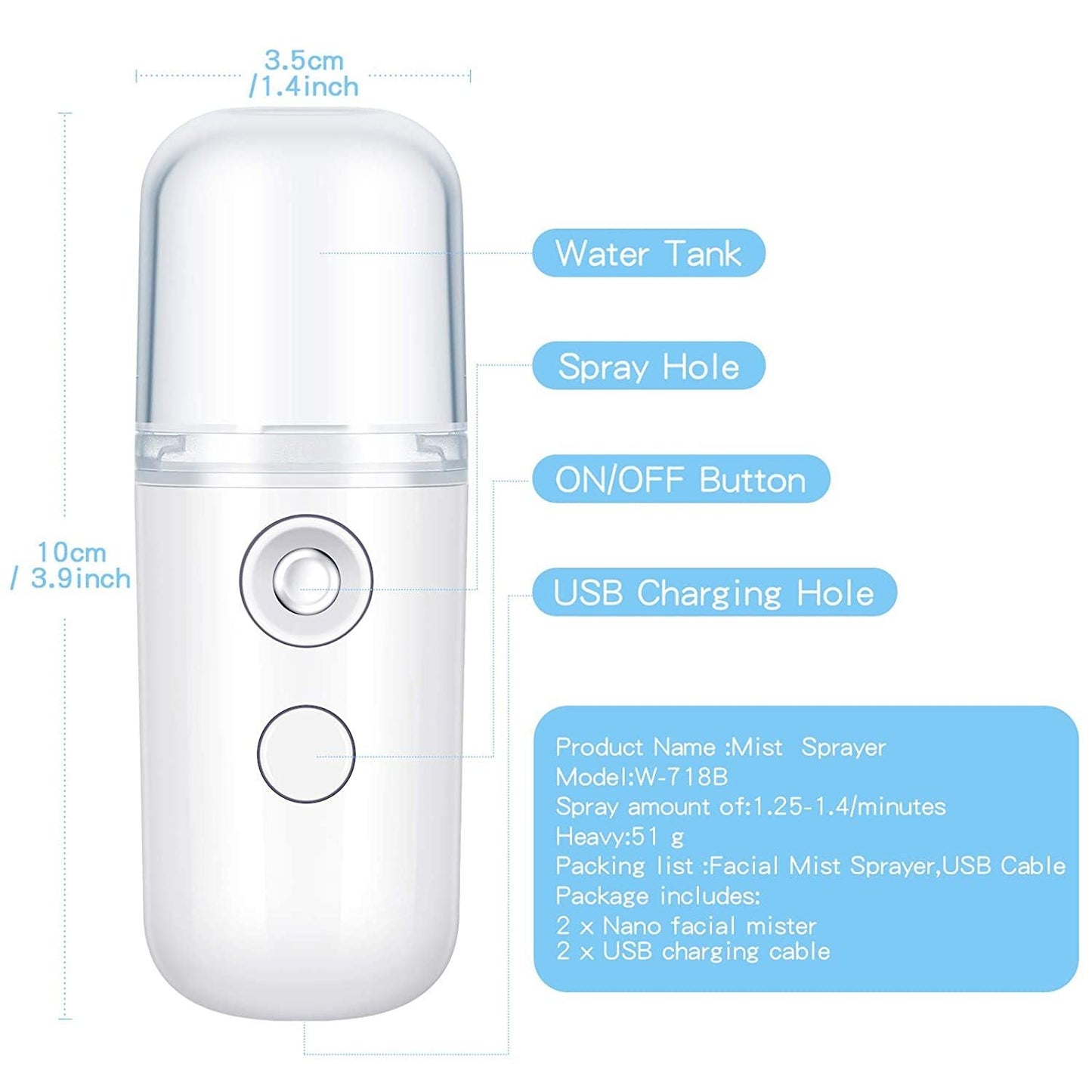 Portable Nano Facial Mist - Handy Steamer for Hydrating and Mist Hand Eyelash Extensions - 30ml USB Mist Handy Steamer for Facial Hydrating