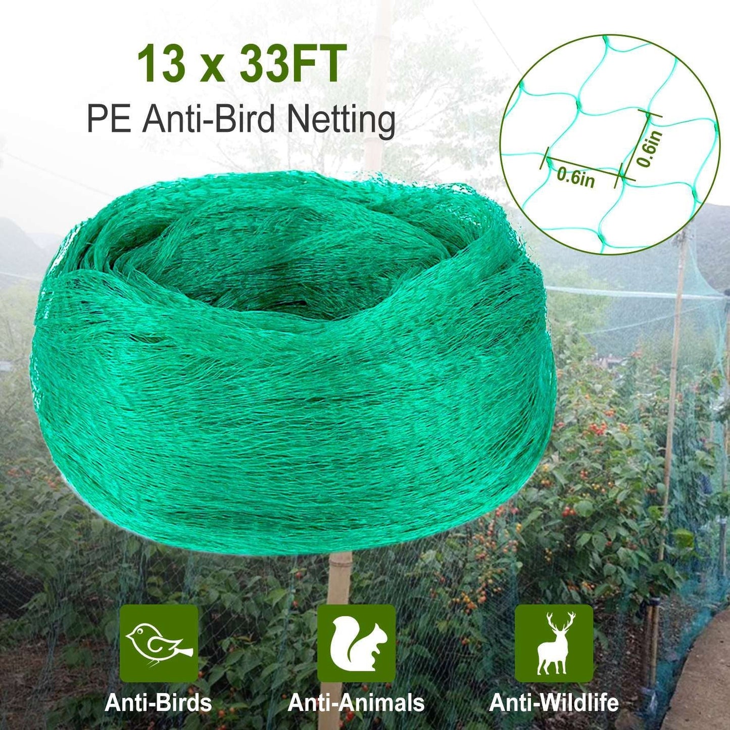 13 x 33ft Garden Netting Heavy Duty PE Anti Bird Netting Plants Fruits Tree Vegetables Protection Netting Net