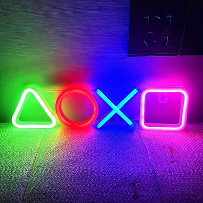 1pc PS Game Symbol Shape Neon Sign, PS Game Chart Lamp Battery/USB Power Supply, Used For Table And Wall Decoration Lights, Suitable For Game Room Dormitory Day Home Decoration, 13.7x3.4in