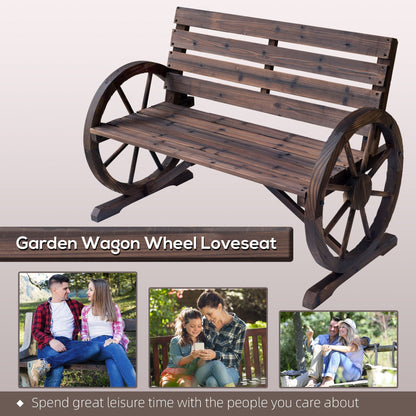 Outsunny Wagon Wheel Bench Rustic 2-Person Outdoor Patio Carbonized Finish with Backrest