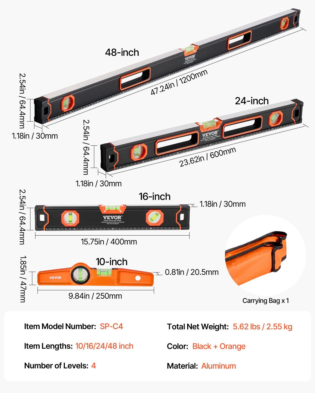 VEVOR 4-Piece Torpedo Level, 48/24/16/10 Inch All Magnetic Levels Set, Fluorescent Light Up Bubble Vials Ruler for 45/90/180 Degree, Aluminum Alloy Magnetic Box Leveler Tool, SAE and Metric Scale