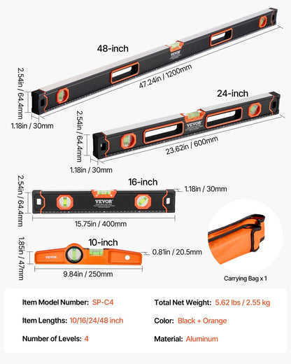 VEVOR 4-Piece Torpedo Level, 48/24/16/10 Inch All Magnetic Levels Set, Fluorescent Light Up Bubble Vials Ruler for 45/90/180 Degree, Aluminum Alloy Magnetic Box Leveler Tool, SAE and Metric Scale