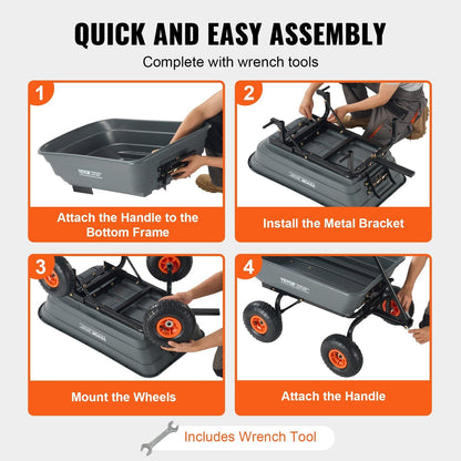 VEVOR Dump Cart, Poly Garden Dump Cart with Easy to Assemble Steel Frame, Dump Wagon with 2-in-1 Convertible Handle, Utility Wheelbarrow 600 lbs Capacity, 10 inch Tires