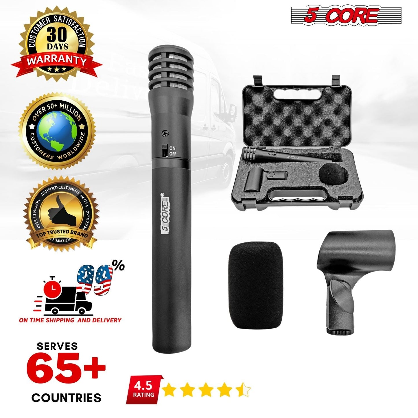 5 CORE Professional Instrument Microphone Pencil Mic Condenser Cardioid Unidirectional Stick Microfono with Windscreen Mic Clip & Case - INSTRU MIC 100 BLK