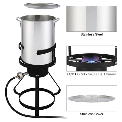 30QT Propane Turkey Fryer Set Silver Aluminum Pot with Black Round Iron Stand Outdoor Gas Deep Fryer Kit for Frying Turkey Seafood and Boiling Crawfish Backyard Cooking Equipment