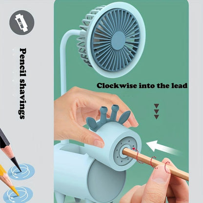 Cute Cartoon USB Fans With Pen Holder Pencil Sharpener; Rechargeable Fan For Children Business Gift