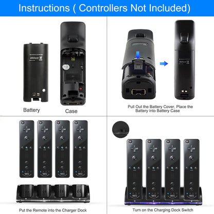 4 Remotes Charging Dock Game Controller Charger 2800mAh Rechargeable Battery Charging Stations w/ LED Indicator for Wii Nintendo