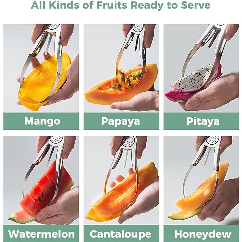 1pc 4-in-1 304 Stainless Steel Mango Divider Cuber - Slicer, Peeler, Cutter, and Remover for Watermelon, Dragon Fruit, Avocado, and More