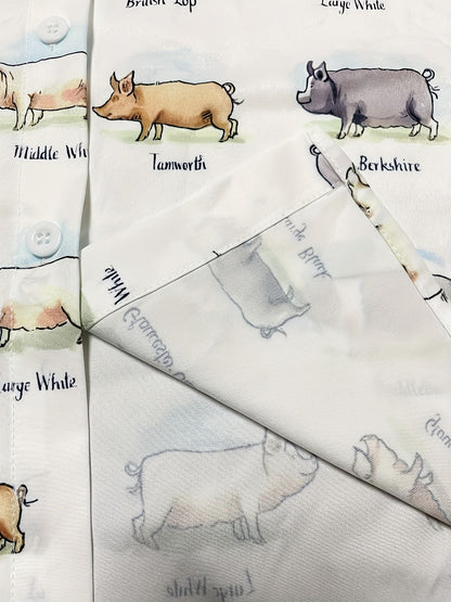 Plus Size Casual Blouse, Women's Plus Cute Pig & Letter Print Long Sleeve Button Up Lapel Collar Shirt Top