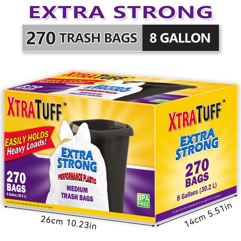 Boxed Disposable Garbage Bag 270 Pieces Puncture Tear Resistant Trash Bags, 8 Gallon Capacity, Kitchen Drawstring Garbage Bags Fresh Clean Scent With Lemon Mint Scent