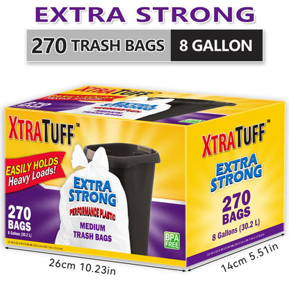 Boxed Disposable Garbage Bag 270 Pieces Puncture Tear Resistant Trash Bags, 8 Gallon Capacity, Kitchen Drawstring Garbage Bags Fresh Clean Scent With Lemon Mint Scent