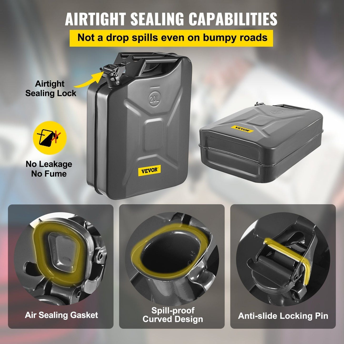 VEVOR Jerry Fuel Can, 5.3 Gallon / 20 L Portable Jerry Gas Can with Flexible Spout System, Rustproof & Heat-resistant Steel Fuel Tank for Cars Trucks Equipment, Black