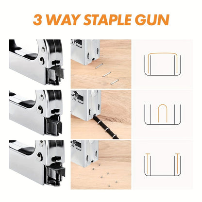 1pc, 3 In 1 Heavy Duty Staple Gun Kit With 300 Staples, Upholstery Stapler For Fixing Material, Decoration, Carpentry, Furniture, Doors And Windows