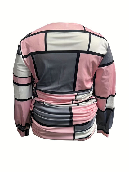 Plus Size elegant Blouse, Women's Plus Colorblock Geometric Print Lantern Sleeve V Neck Ruched Side Top