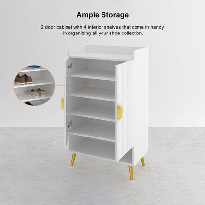 Yellar Nordic Entryway White Shoe Storage Cabinet with Doors & Open Shelves 5-Tier