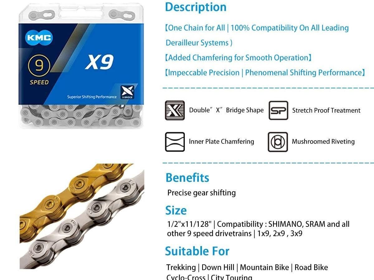 KMC X9 116 Links 9 Speed Bicycle Chain