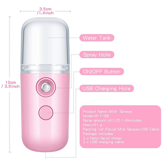 Portable Nano Facial Mist - Handy Steamer for Hydrating and Mist Hand Eyelash Extensions - 30ml USB Mist Handy Steamer for Facial Hydrating