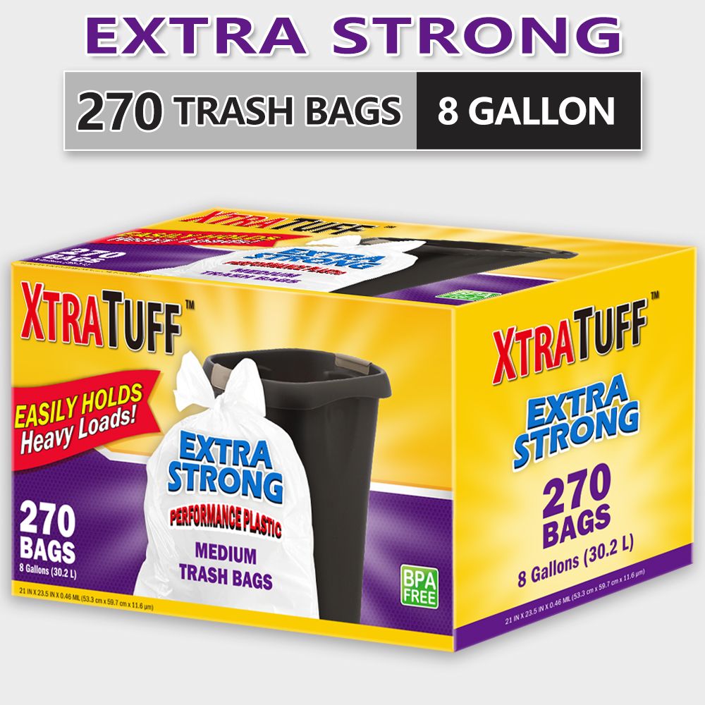 Boxed Disposable Garbage Bag 270 Pieces Puncture Tear Resistant Trash Bags, 8 Gallon Capacity, Kitchen Drawstring Garbage Bags Fresh Clean Scent With Lemon Mint Scent