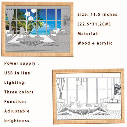 1pc Dimming 3-color Beach Sun Painting Lamp,Sketch Light. Healing Light, Bedside Bedroom Sleeping Lamp, Romantic Birthday Gift,Bedside Table Lamp