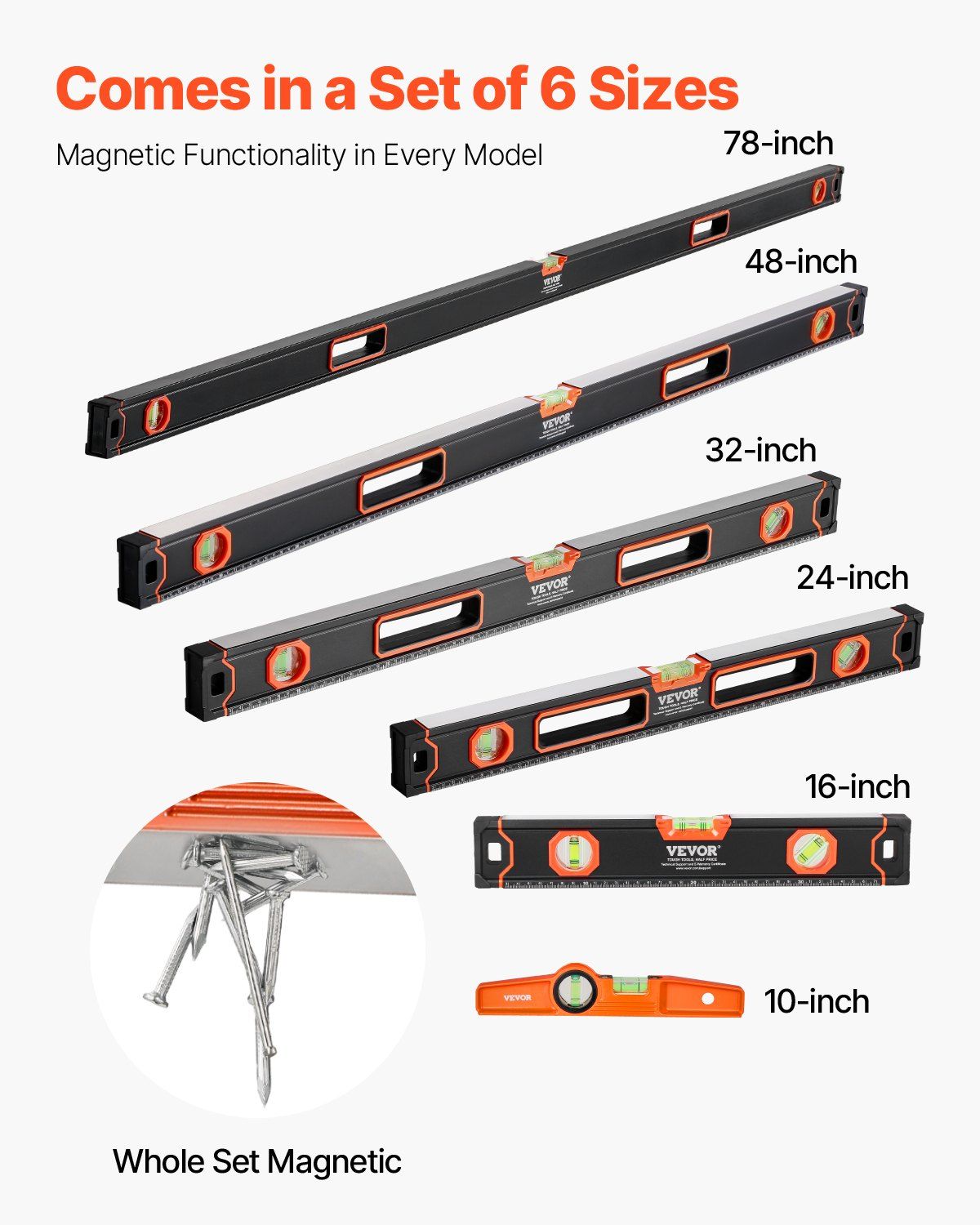 VEVOR 6-Piece Torpedo Level, 78/48/32/24/16/10 Inch All Magnetic Levels Set, Bubble Vials Ruler for 45/90/180 Degree, Aluminum Alloy Magnetic Box Leveler Tool, Shock-Resistance, SAE and Metric Scale
