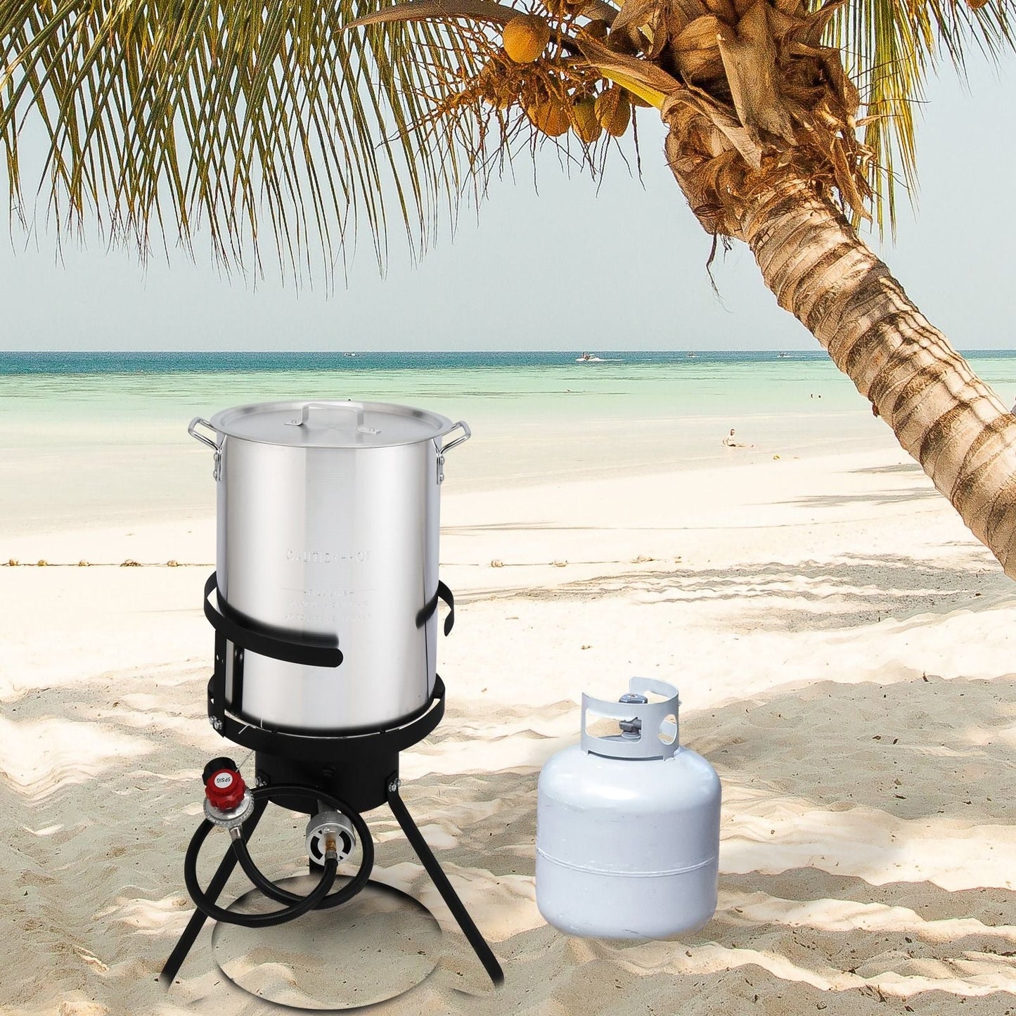 30QT Propane Turkey Fryer Set Silver Aluminum Pot with Black Round Iron Stand Outdoor Gas Deep Fryer Kit for Frying Turkey Seafood and Boiling Crawfish Backyard Cooking Equipment