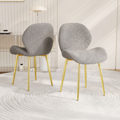 Modern minimalist white teddy velvet Dining Chairs Set of 2 with sturdy gold metal legs and comfortable backrest design, suitable for restaurants, kitchens, and offices.
