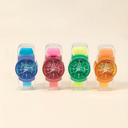 4pcs Creative Watch Shape Pencil Sharpener With Eraser Cleaning Brush 3 In 1 Multifunctional Student Stationery