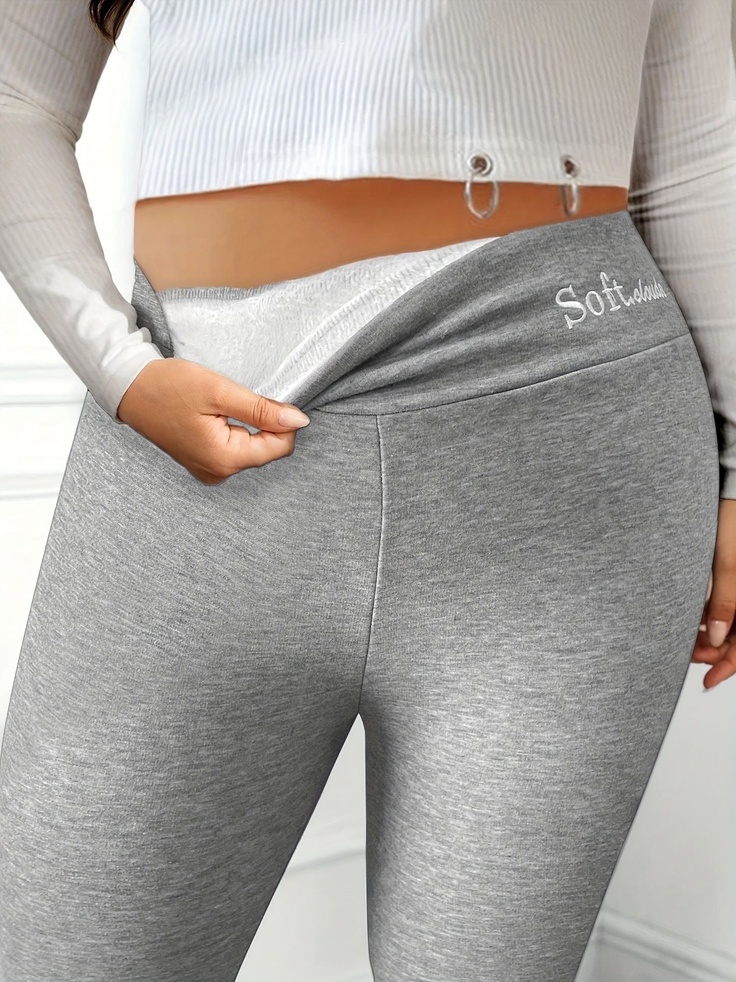 Plus Size Casual Leggings, Women's Plus Letter Print Liner Fleece High Rise Slight Stretch Leggings