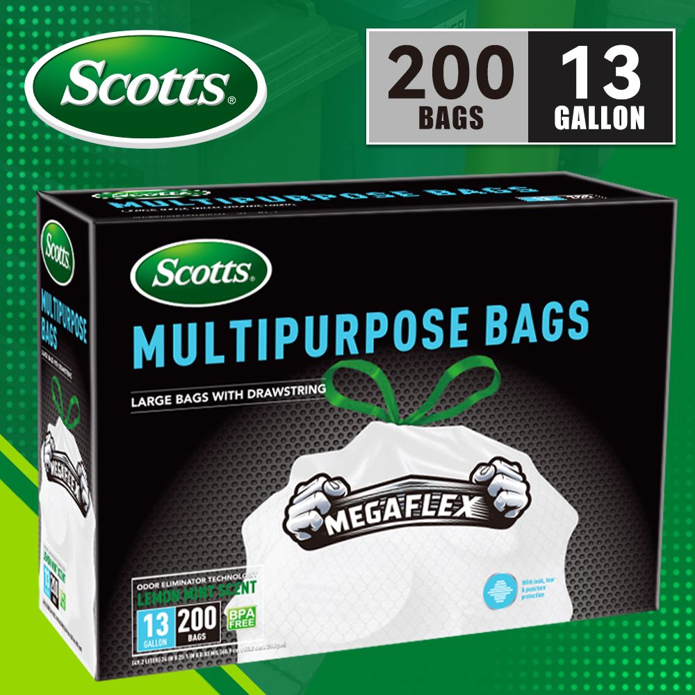 Scotts 200 Bags 13 Gallon Boxed Disposable Non Tear Puncture Tear Resistant Trash Bags, deodorization technology Kitchen Drawstring Garbage Bags, Fresh Clean Scent With Lemon Scent,